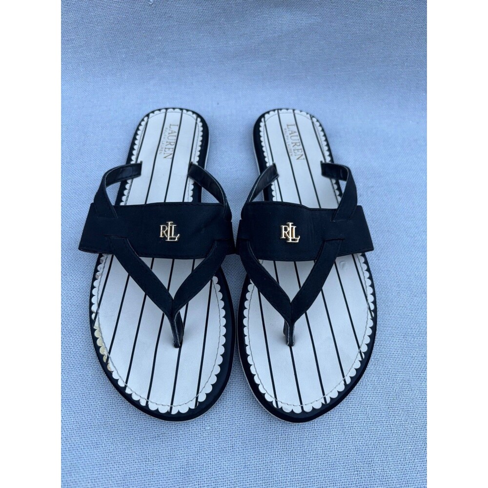 Lauren Ralph Lauren Black White Striped Thong Slip-On Logo Sandals Women Size 11